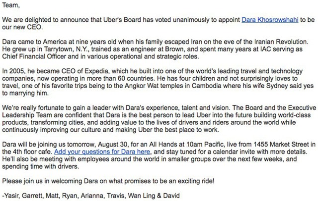 Ban lãnh đạo gửi thư chào đón CEO mới.