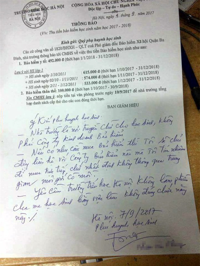 Bút phê phụ huynh trong tờ thông báo đóng bảo hiểm Y tế của trường Tiểu học Hà Nội gây nhiều tranh cãi - Ảnh 1.