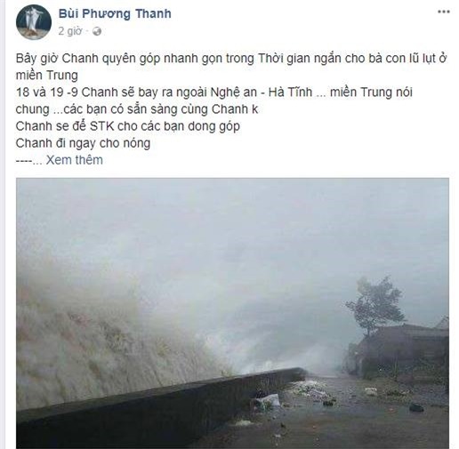 Phương Thanh cùng vừa đăng tải trên trang cá nhân dòng trạng thái mong nhận được nhiều sự giúp đỡ của mọi người và đích thân cô cũng sẽ ra tận miền Trung để hỗ trợ đồng bào đang gặp phải thiên tai. - Tin sao Viet - Tin tuc sao Viet - Scandal sao Viet - Tin tuc cua Sao - Tin cua Sao