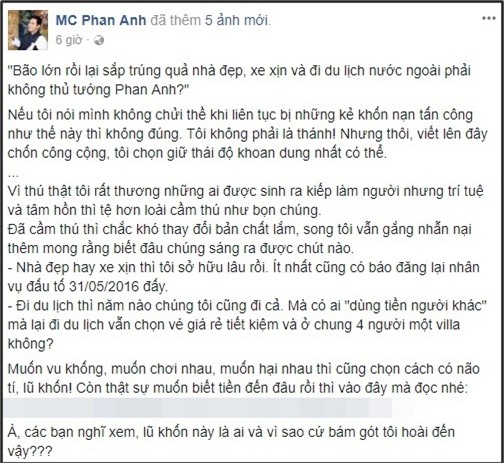 Dòng trạng thái đáp trả anti-fan của MC Phan Anh được đăng tải trên trang cá nhân. - Tin sao Viet - Tin tuc sao Viet - Scandal sao Viet - Tin tuc cua Sao - Tin cua Sao