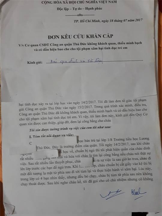 Đơn kêu cứu của gia đinh bé Như gửi cho báo Gia đình & Xã hội