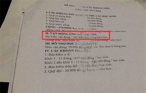 Tờ giấy thông báo thu tiền có khoản Vận động ủng hộ tài trợ, dự kiến là 185 triệu đồng/năm học.