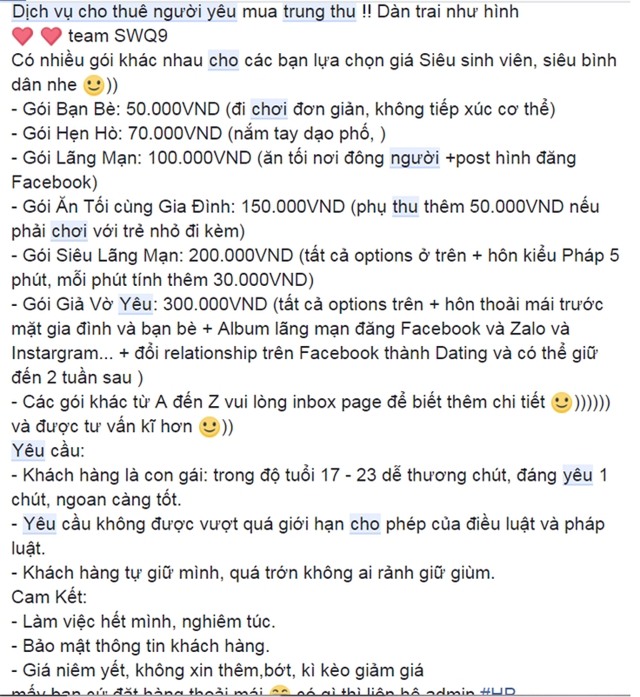 Bảng giá cho khách là nữ