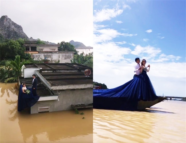 Trong mưa lũ lịch sử ở Ninh Bình, cô dâu chú rể vẫn chịu khó... leo nóc nhà để chụp ảnh cưới - Ảnh 3.