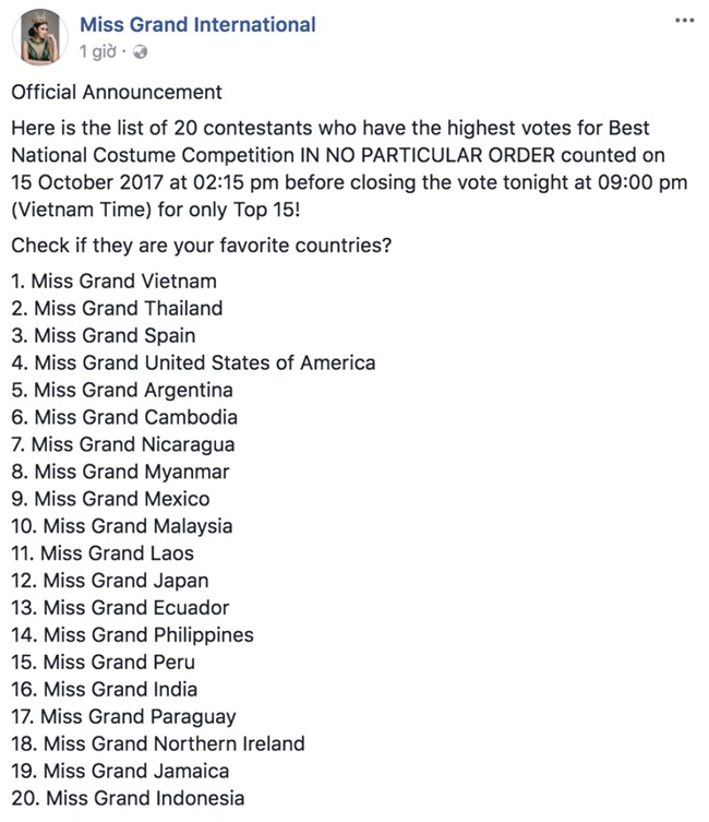 Trước giờ công bố kết quả, Huyền My lọt top 20 thí sinh có trang phục dân tộc được yêu thích nhất Miss Grand International 2017 - Ảnh 1.