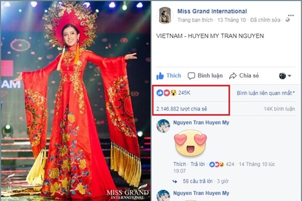 Nhờ hơn 2 triệu lượt chia sẻ, áo dài của Huyền My lọt Top 25 quốc phục đẹp nhất Miss Grand International 2017-2