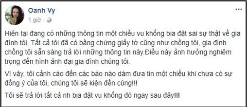 Dòng trạng thái đầy bức xúc của Vy Oanh vừa được cô đăng tải ngay sau khi tin đồn thất thiệt xuất hiện trên mạng xã hội. - Tin sao Viet - Tin tuc sao Viet - Scandal sao Viet - Tin tuc cua Sao - Tin cua Sao