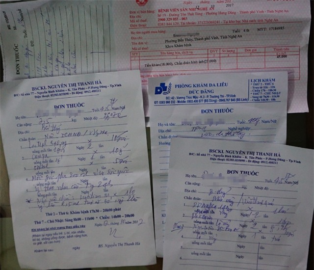 Giấy khám và đơn thuốc của bé Đinh A.N trong thời gian được bà L. trông giữ