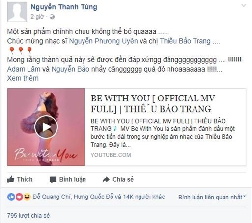 Gần đây nhất, Sơn Tùng bị các fan phản ứng dữ dội khi nửa năm trời không cập nhật gì mới trên trang cá nhân nhưng lại chia sẻ công khai sản phẩm âm nhạc mới nhất của Thiều Bảo Trang - chị gái Thiều Bảo Trâm. - Tin sao Viet - Tin tuc sao Viet - Scandal sao Viet - Tin tuc cua Sao - Tin cua Sao