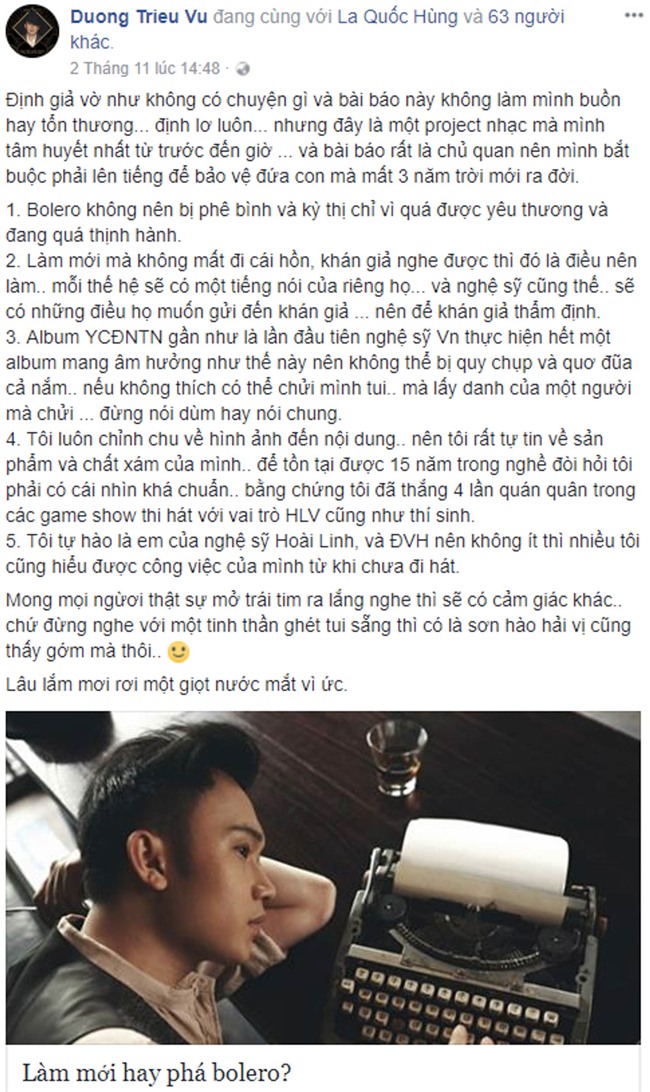 Nghệ sĩ Việt lên tiếng bênh vực Dương Triệu Vũ trước ý kiến trái chiều về việc làm mới bolero-5
