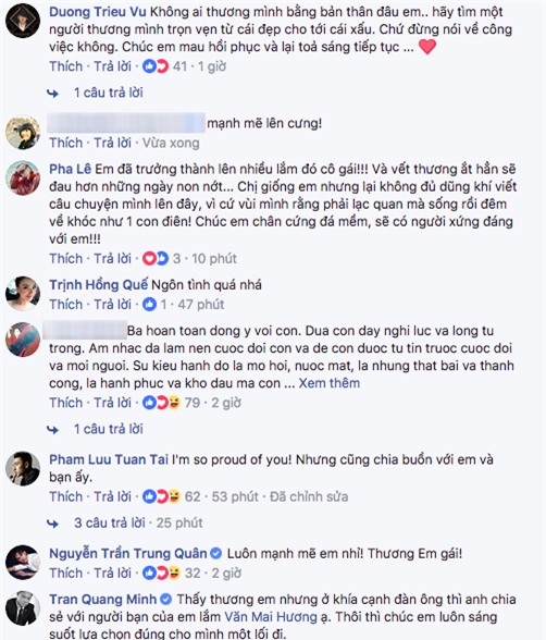 Trước sự việc này, loạt đồng nghiệp của nữ ca sĩ như Dương Triệu Vũ, Issac, Pha Lê, Trịnh Hồng Quế, MC Quang Minh,... đều đã động viên cô. Bên cạnh đó, họ còn không quên chúc cô có thêm sự mạnh mẽ và toả sáng trên con đường nghệ thuật phía trước. - Tin sao Viet - Tin tuc sao Viet - Scandal sao Viet - Tin tuc cua Sao - Tin cua Sao