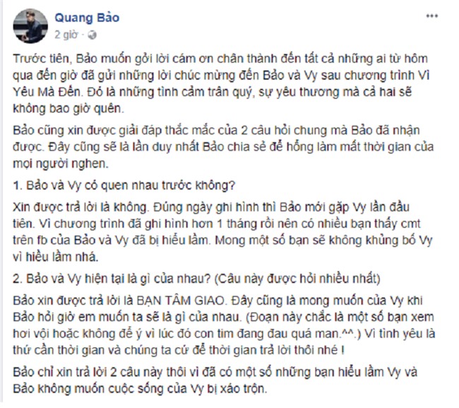 Gây sốt khi đồng ý lời tỏ tình, Quang Bảo của Vì yêu mà đến lại tuyên bố Cao Vy là bạn tâm giao-3