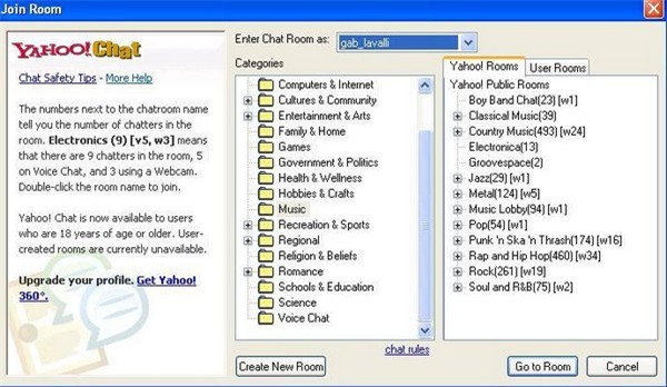 Nếu đã sử dụng Yahoo Messenger, chắc chắn bạn sẽ không ít lần vào các chat room để tìm kiếm thêm những người bạn mới. Chat room trên Yahoo Messenger được chia ra theo từng quốc gia, vùng miền, sở thích... để người dùng có thể tìm kiếm những người bạn theo ý muốn của mình.