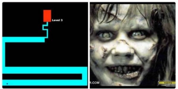 Một trong những trò dọa ma “kinh điển” mà chắc hẳn nhiều người dùng Internet đã từng mắc phải. Với trò đùa này, khi bạn đang tập trung để di chuyển chấm màu đen trên đường màu xanh để đến đích (hình bên trái), thì một gương mặt đáng sợ cùng tiếng hét chói tai sẽ bất ngờ xuất hiện khiến nhiều người phải giật bắn mình.