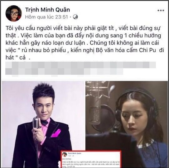 Minh Quân phản pháo chuyện kiến nghị Bộ văn hóa cấm Chi Pu đi hát như tin đồn đang lan&nbsp;truyền trong công chúng. - Tin sao Viet - Tin tuc sao Viet - Scandal sao Viet - Tin tuc cua Sao - Tin cua Sao