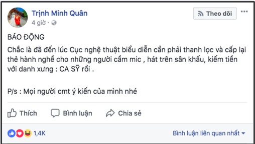 Dòng trạng thái từng gây tranh cãi suốt vài ngày qua của Minh Quân về việc cấp thẻ hành nghề cho ca sĩ. - Tin sao Viet - Tin tuc sao Viet - Scandal sao Viet - Tin tuc cua Sao - Tin cua Sao