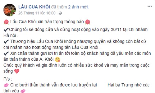 Đang làm ăn phát đạt, lẩu cua Khôi bất ngờ thông báo đóng cửa vĩnh viễn,  tín đồ ẩm thực ngẩn ngơ - Ảnh 1.