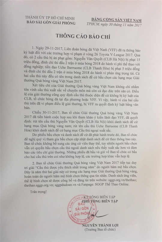 Vung tay trúng gáy, Văn Quyết bị loại khỏi giải Quả bóng Vàng