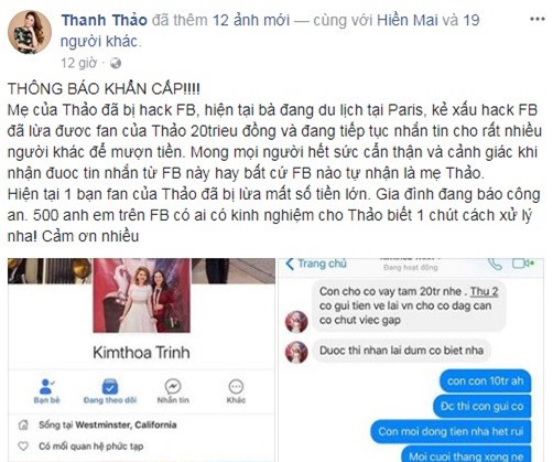 Me ca si Thanh Thao bi hack Facebook, lua fan 100 trieu dong hinh anh 1