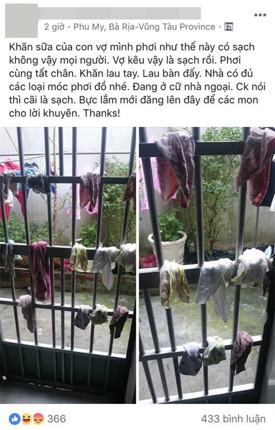 Phơi khăn sữa của con chung với giẻ lau, bít tất, mẹ trẻ bị chồng chê bẩn, hội chị em thấy ghê - Ảnh 1.