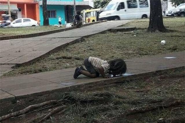Bức ảnh bé gái quỳ gối, uống vũng nước trên đường vì đói khát khiến cả thế giới rúng động-1