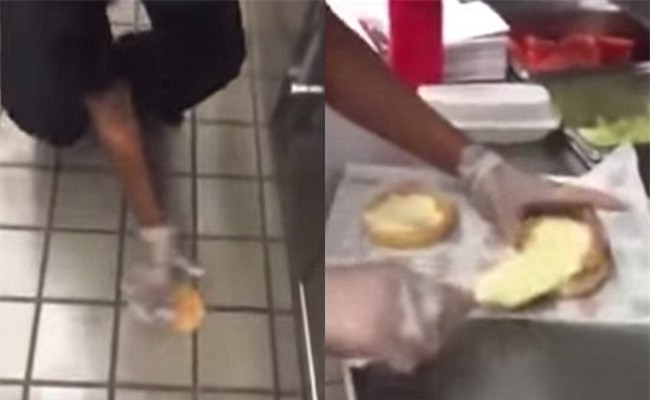 Clip: Nhân viên nhà hàng đồ ăn nhanh chùi bánh burger xuống sàn rồi đưa ra phục vụ khách - Ảnh 2.