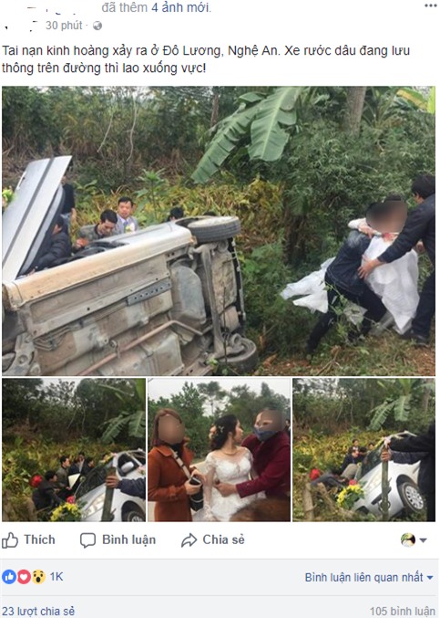 Nghệ An: Xe hoa bất ngờ lao xuống vệ đường, cô dâu chú rể may mắn thoát nạn - Ảnh 1.