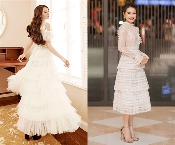 Cùng diện thiết kế váy nhiều tầng, nếu Nhã Phương rạng rỡ cùng tông màu trang điểm nhẹ nhàng và tóc búi gọn gàng thì Sam lại để tóc buông xõa với những lọn sóng xoăn to cùng cách tạo dáng vô cùng phiêu linh.