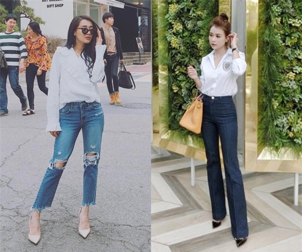 Là tín đồ của gam trắng tất nhiên cả Nhã Phương và Sam không thể thiếu món đồ basic như áo sơ mi. Cả hai đều lựa chọn kết hợp cùng quần jeans, tạo nên sự năng động cá tính với phong cách thời trang đường phố