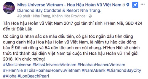Fanpage Hoa hậu Hoàn vũ Việt Nam bị chỉ trích khi gọi HHen Niê là hoa hậu da màu đầu tiên