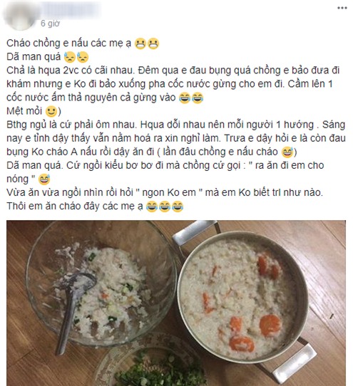 Vợ đau bụng nằm bẹp dí, chồng chăm sóc bằng nồi cháo heo khiến vợ tức ấm ức, chị em cười xòa xui bỏ qua