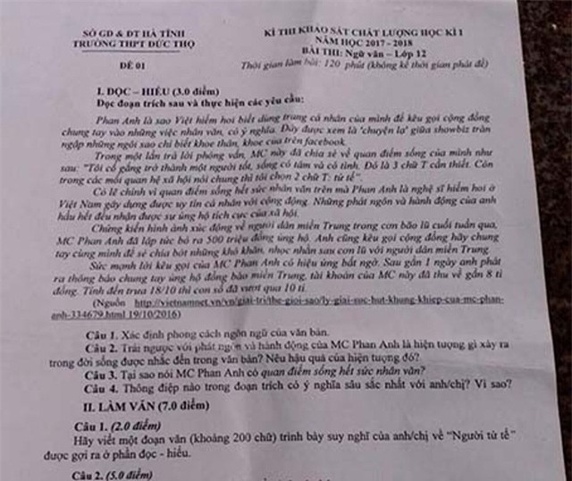Đề thi môn Ngữ Văn, kì thi khảo sát chất lượng học kỳ 1 của lớp 12 Trường THPT Đức Thọ.