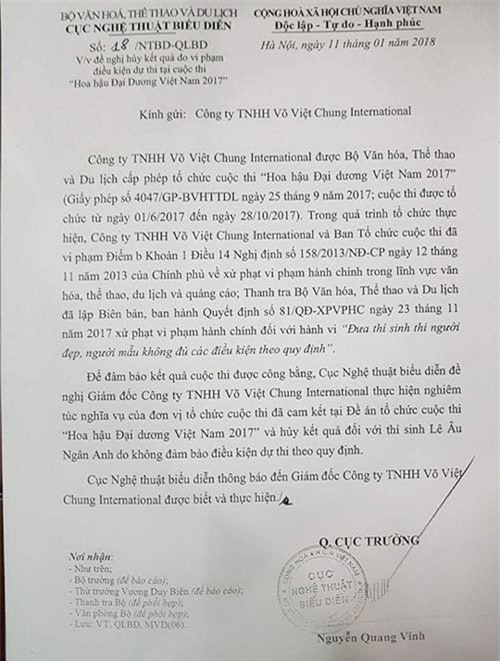 Văn bản của Cục NTBD đề nghị thu hồi vương miện của tân Hoa hậu Đại dương 2017. - Tin sao Viet - Tin tuc sao Viet - Scandal sao Viet - Tin tuc cua Sao - Tin cua Sao