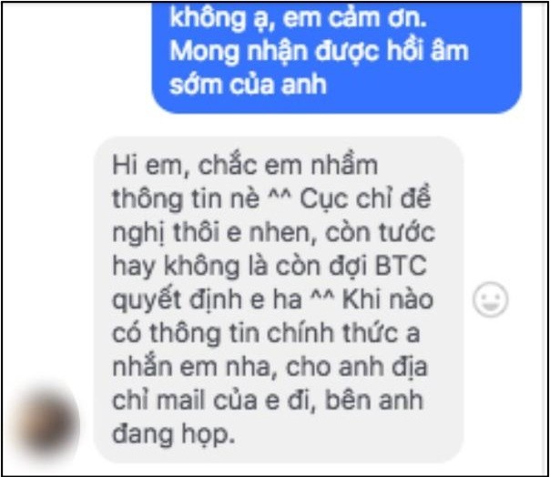 Tin nhắn được cho của quản lý Lê Âu Ngân Anh và một người bạn sau khi Cục NTBD yêu cầu thu hồi vương miện Hoa hậu Đại dương. - Tin sao Viet - Tin tuc sao Viet - Scandal sao Viet - Tin tuc cua Sao - Tin cua Sao