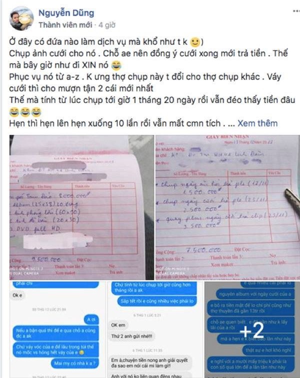 Dòng trạng thái anh Dũng ‘tố' khách hàng chụp ảnh cưới xong không chịu trả tiền.