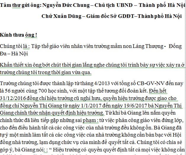 Trích tâm thư gửi Chủ tịch UBND Thành phố Hà Nội và Giám đốc Sở GD&ĐT thành phố