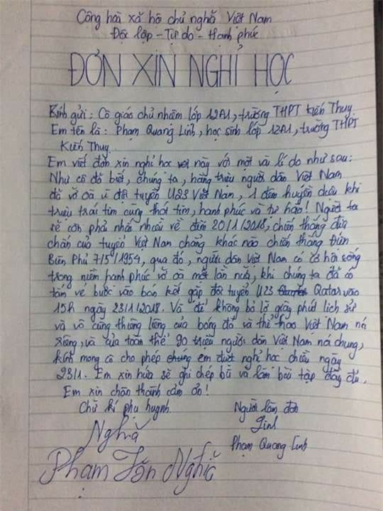 Nam sinh xin nghi hoc de xem doi tuyen U23 Viet Nam da ban ket? hinh anh 1