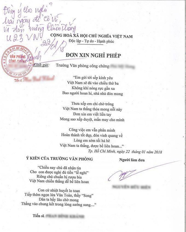 Viết đơn xin phép bằng thơ, nhân viên được sếp cho nghỉ hẳn 2 ngày cổ vũ U23 Việt Nam-1