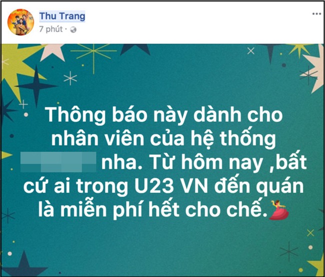Nữ diễn viên hài Thu Trang tuyên bố miễn phí toàn bộ cho các cầu thủ U23 Việt Nam nếu ghé chuỗi cửa hàng của cô ăn. - Tin sao Viet - Tin tuc sao Viet - Scandal sao Viet - Tin tuc cua Sao - Tin cua Sao