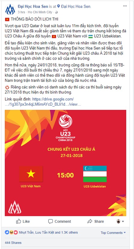 Một trường ĐH hoãn thi cho sinh viên xem U23 Việt Nam đá Chung kết - Ảnh 2.