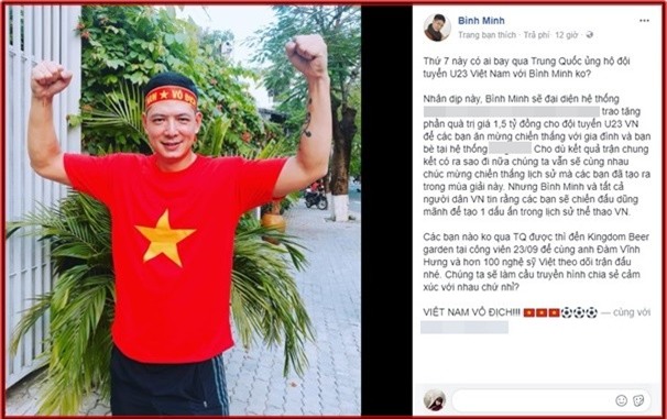 Bình Minh đã chia sẻ trên trang cá nhân tuyên bố số tiền anh sẽ trao cho đội tuyển U23 Việt Nam lên tới 1,5 tỷ đồng. - Tin sao Viet - Tin tuc sao Viet - Scandal sao Viet - Tin tuc cua Sao - Tin cua Sao