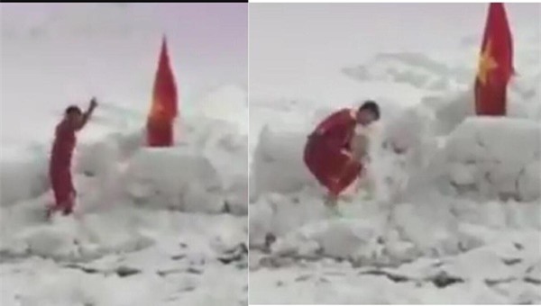 Khoảnh khắc xúc động: Duy Mạnh cắm lá cờ Việt Nam trên tuyết, cúi chào Quốc kỳ sau chung kết-4