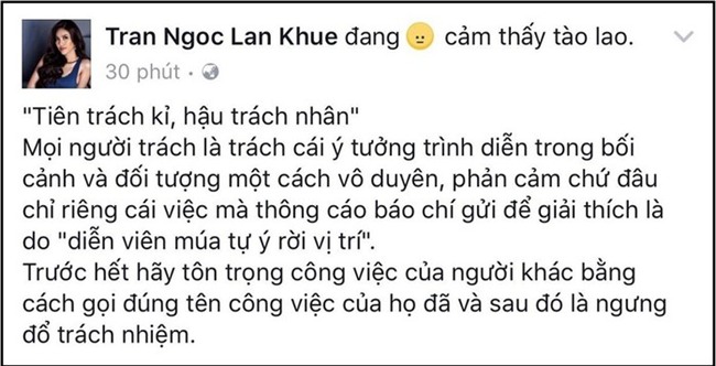 Hoa hậu Lan Khuê ngầm lên án đơn vị tổ chức phần trình diễn trên máy bay khi gặp ồn ào đã đổ trách nhiệm cho các người mẫu. Trong khi, đó là công việc mà các người mẫu phải làm khi đã nhận. - Tin sao Viet - Tin tuc sao Viet - Scandal sao Viet - Tin tuc cua Sao - Tin cua Sao