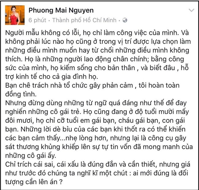 Cựu siêu mẫu Phương Mai cho rằng việc các người mẫu trên chuyến bay của U23 Việt Nam bị chỉ trích là không đúng, vì đó là công việc mà họ làm, cho nên, chỉ nên chê trách đơn vị tổ chức. - Tin sao Viet - Tin tuc sao Viet - Scandal sao Viet - Tin tuc cua Sao - Tin cua Sao