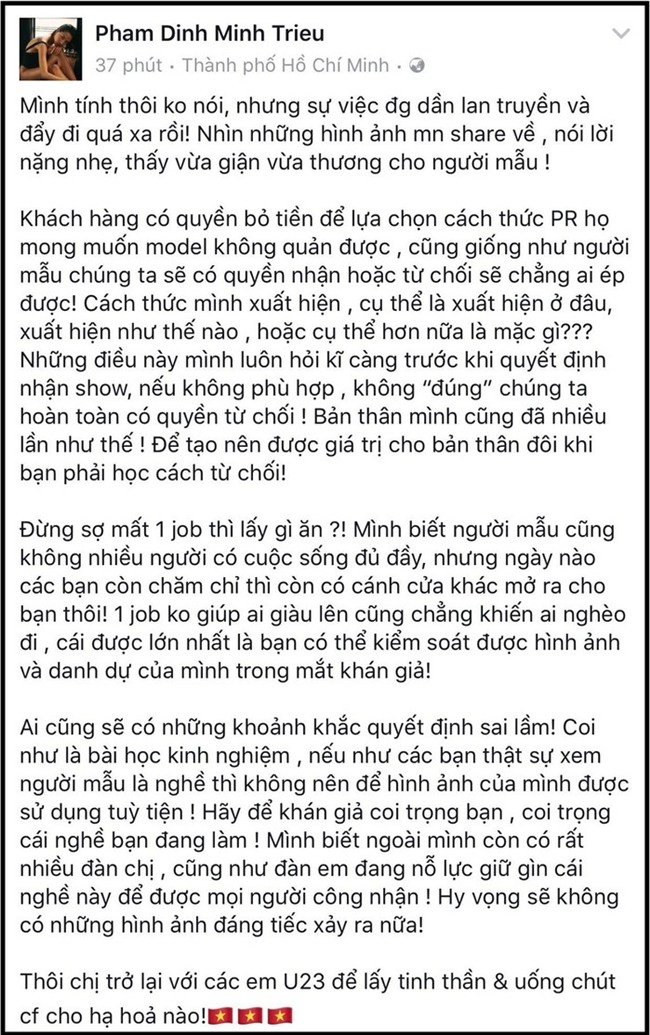 Minh Triệu cho biết cô vừa giận lại vừa thương cho giới người mẫu sau khi chứng kiến ồn ào này. Nữ siêu mẫu cũng nhận định, đây sẽ là bài học đáng giá để người mẫu không sử dụng hình ảnh bản thân tuỳ tiện. - Tin sao Viet - Tin tuc sao Viet - Scandal sao Viet - Tin tuc cua Sao - Tin cua Sao