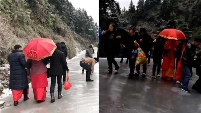 Trung Quốc: Trời lạnh đường đóng băng, nhà gái vẫn kiên cường đưa dắt cô dâu trượt về nhà chồng - Ảnh 2.