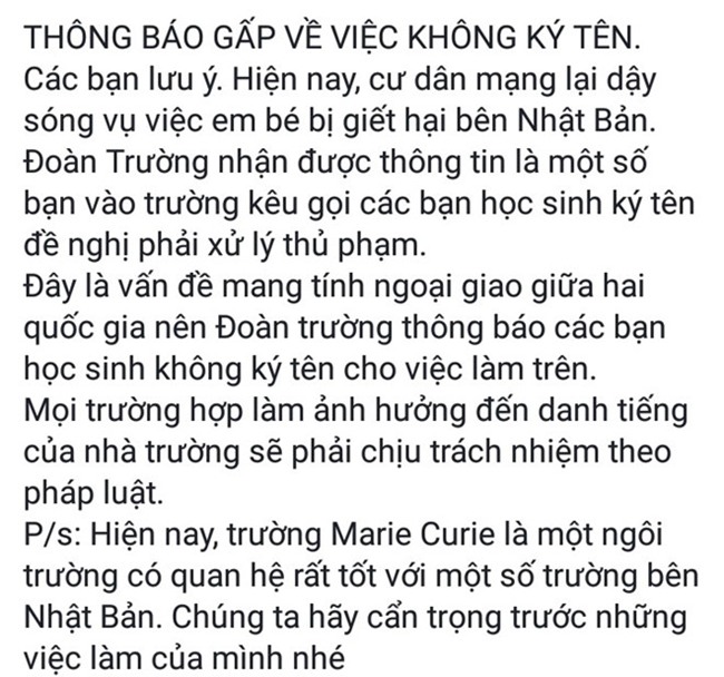 Truong Marie Curie noi gi ve keu goi khong ky ung ho be Nhat Linh? hinh anh 1