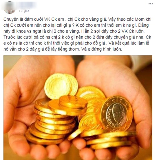 Ngày cưới được chị chồng cho vàng giả, lại còn đem khoe khắp nơi, nàng dâu nhờ tư vấn sẽ tặng gì trong đám cưới chị - Ảnh 1.