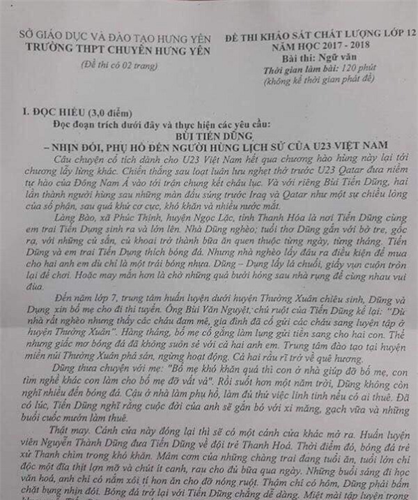 Đề Văn của khối 12 Trường THPT Chuyên Hưng Yên (Hưng Yên)