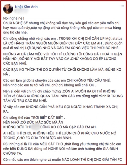 Dòng trạng thái bức xúc của Nhật Kim Anh trên trang cá nhân.  - Tin sao Viet - Tin tuc sao Viet - Scandal sao Viet - Tin tuc cua Sao - Tin cua Sao